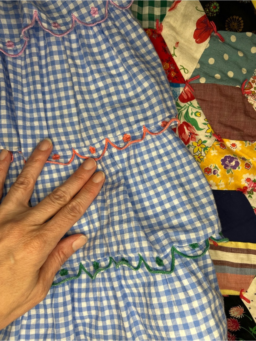 Mini Boden Light Blue Gingham Tiered Dress with Multicolor Scallop Trim - Picture 4 of 5